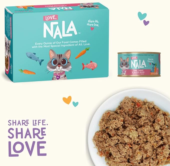LOVE, NALA - Natural Adult Cat Wet Food - Pate Tuna, Carrot, & Salmon Recipe - Grain Free, Non-GMO, Digestive Fiber Blend, Minerals, Vitamins - 12 Pack 2.4 lbs.