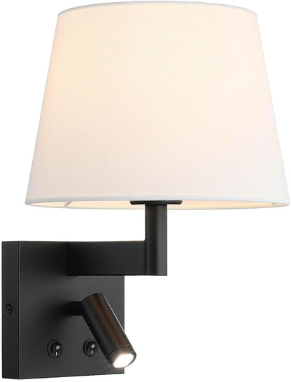XiNBEi Lighting Hardwired Wall Sconce with LED Integrated Reading Light, Bedroom Wall Lamp with Linen Fabric Shade & On/Off Switch Modern Bedside Sconce Lighting Fixture, Matte Black XB-W468-LED-MB