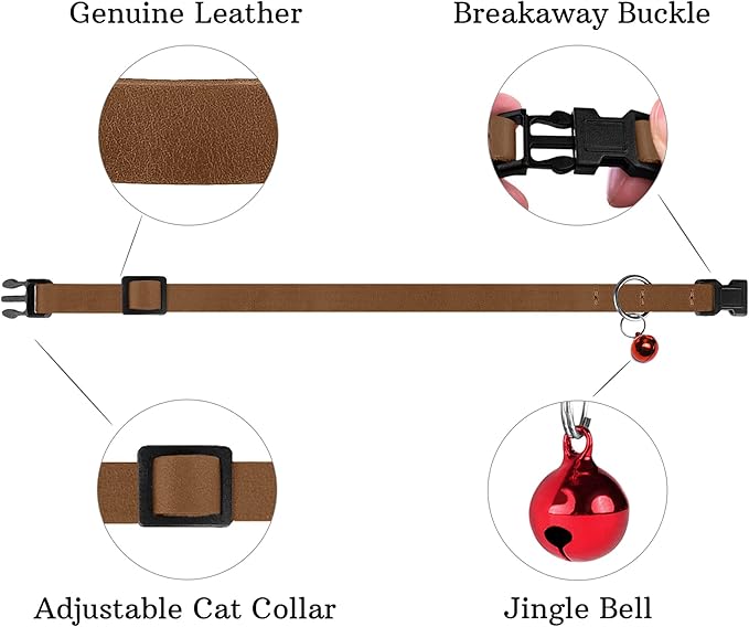 Breakaway Cat Collar Leather with Removable Bell - 13 Colors Available - Soft Adjustable Girl Boy Safety Lightweight Pet Kitten Collars Pink Brown Blue Green Red Orange Black (Cognac)