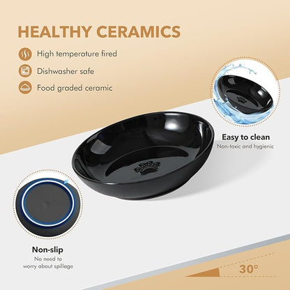 Raised Ceramic Cat Dishes, Food& Water Bowl with 2 Style Stand Adjustable Raised Pet Bowl Set, Anti Whisker Fatigue(2Dish+2Shallow Dish+Stand, Black