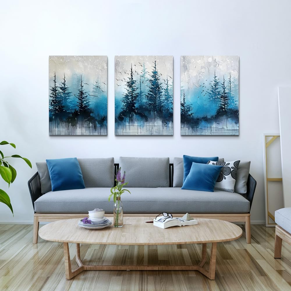 TTHYUEWS Large Canvas Wall Decor for Living Room - Boho Art for Bedroom Forest Landscape Abstract Pictures - Tree Blue Painting Artwork Office Aesthetic Decoration - Hang Easy 3 Piece