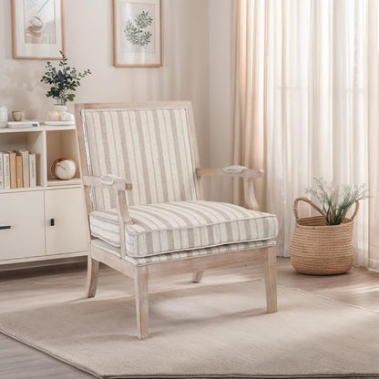 DM Furniture Mid Century Modern Accent Chair Upholstered Living Room Chairs with Armrest Linen Comfy Lounge Armchair Retro Solid Wood Reading Chair for Bedroom, Guest Room, Balcony, Khaki Stripe