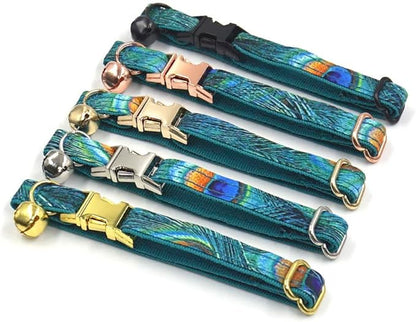 Personalized Cat Collar with Bells,Velvet Customized Small Cat Collar with Name Tag,Pet Collar with Name Phone Number Engraved ID Tags for Boy and Girl Kitten Cats (Peacock)