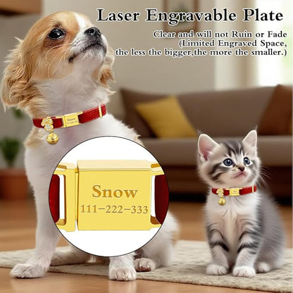 Personalized Breakaway Cat Collars - Magnetic Buckle, Bell - Safety Quick Release, Customized for Girls & Boys Cats- (Velvet-Red)