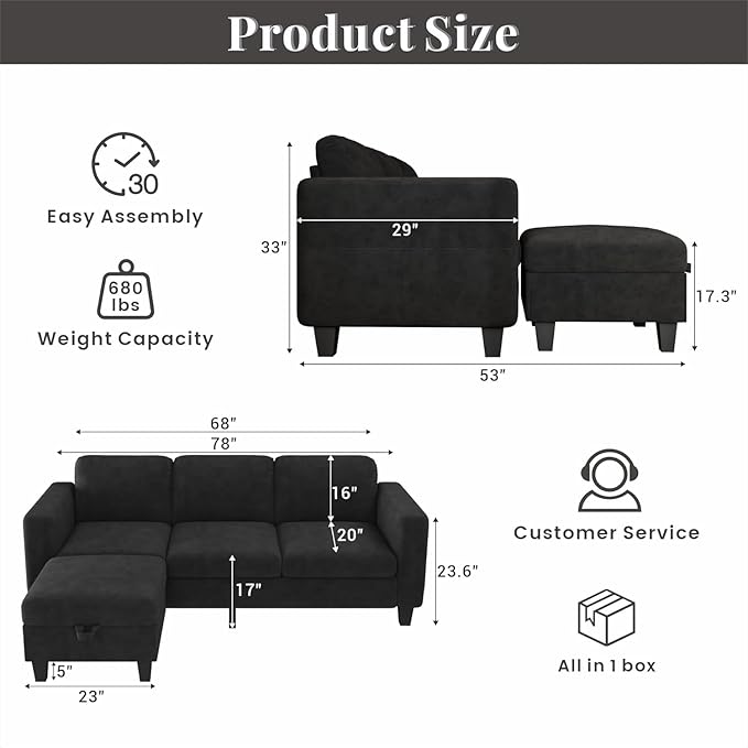 Sectional Sofa Couches for Living Room - 78''Convertible Modular Three-Seater L-Shaped Pet-Friendly Couch,Washable Sofa Cover-Bench Storage, Suitable for Small Living Room, Apartment,Office-Black