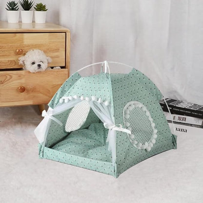 Cat Bed Tents Dog House Indoor Outdoor Lace Mesh Breathable Windows Door Curtains Removable Portable Nest Teepe House (Large,Mint&White)