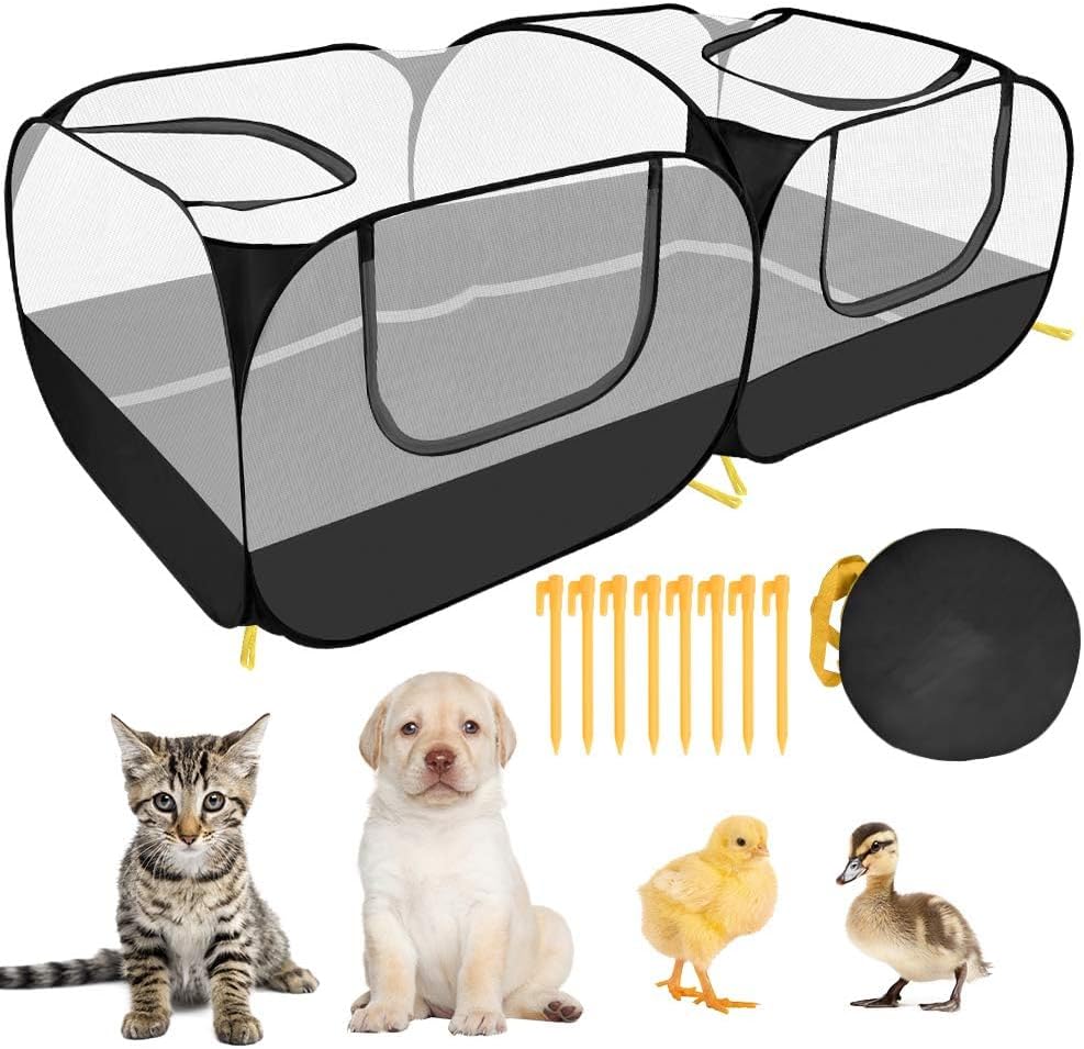 Lukovee Small Animals Playpen, Chicken Pen with Escape-Proof Detachable Bottom & 4 Zipper Doors, Breathable Foldable Portable Large Chicken Run Coop for Puppy Duck Kitten Rabbits Outdoor Yard (Black)