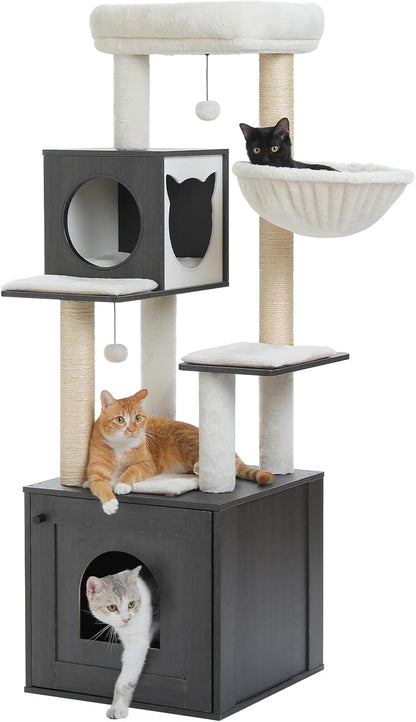 PEQULTI 57.5" Cat Tree with Litter Box Enclosure Large, Wood Cat Tower for Indoor Cats with Storage Cabinet and Cozy Cat Condo, Sisal Covered Scratching Post and Repalcable Dangling Balls, Black