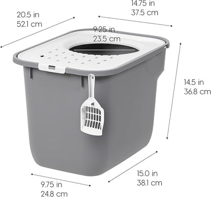 IRIS USA Cat Litter Box Large Top Entry with Lid, Enclosed Litter Box with Litter Catching Lid & Scoop, Covered Cat Litter Box Enclosure for Privacy, High Sided, Gray/White