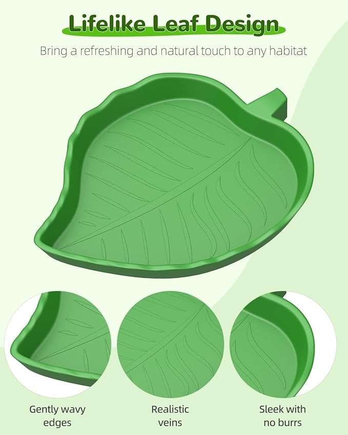 Pawfly 2 Pcs Leaf Reptile Water Dish, Reptile Water Bowl, Tortoise Habitat Accessories, Bearded Dragon Water Bowl, Pet Food Feeding Plate for Turtle Small Snake Lizard, 2 Sizes