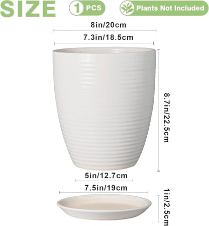 8 Inch Ceramic Planter Pot Round Plant Pot with Drainage Hole and Saucer Modern Flower Pot for Indoor Outdoor Plants White