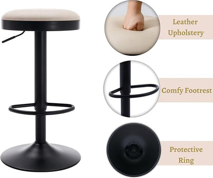 EALSON Modern Swivel Bar Stools Set of 6 Adjustable Counter Height Backless Barstools with Metal Base Leather Upholstered Round Bar Stool Chairs for Kitchen Island/Pub/Breakfast Bar, Beige