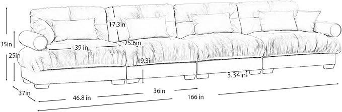 166" Grey Modular Sectional Sofa, 4 Seater Large Sectional Couches for Living Room, Velvet Fabric Oversized Fluffy Cloud Couch with Ottoman, Deep Seat Home Sofas Set, Sofá Moderno