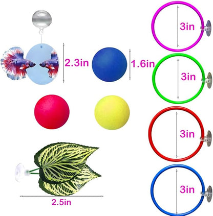 9 pcs Betta Fish Enrichment Toys Fish Exercise Rings Tank Decoration Set Feeding Rings Training Ring Feeder Fish Toys Floating Mirror Balls Resting Spot for Stress-Free Fish Aquarium Accessories