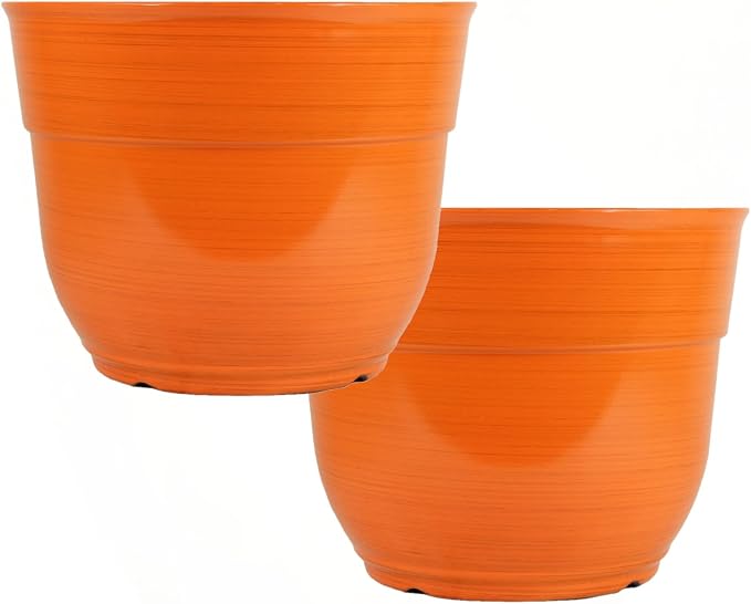 Garden Elements Indoor/Outdoor Glazed Brushed Happy Plastic Planter, Large, Bright Orange, 15" (Pack of 2)