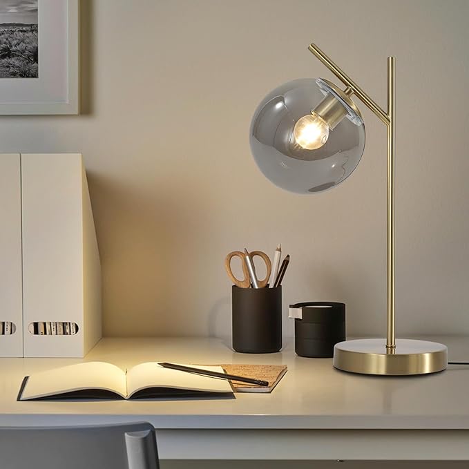 Mid Century Desk Lamp, Glass Globe Table Lamp with Gray Glass lampshade, Gold Modern Bedside Lamps for Bedroom Living Room Study Room