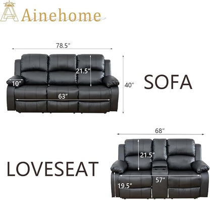 A Ainehome Living Room Furniture Set Leather Recliner Sofa Set Loveseat Chair Furniture Sofa Set for Living Room/Small Space/Rv/House/Office/Theater Seating (A-Black Leather, Sofa+Loveseat)