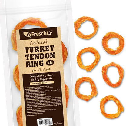 AFreschi Turkey Tendons for Dogs, USA-Sourced, Healthy Dog Treats, Rawhide-Free Puppy Chews, Long Lasting, All Natural, Hypoallergenic Dog Treats for Small Breeds, 6 Count Pack Ring (S)