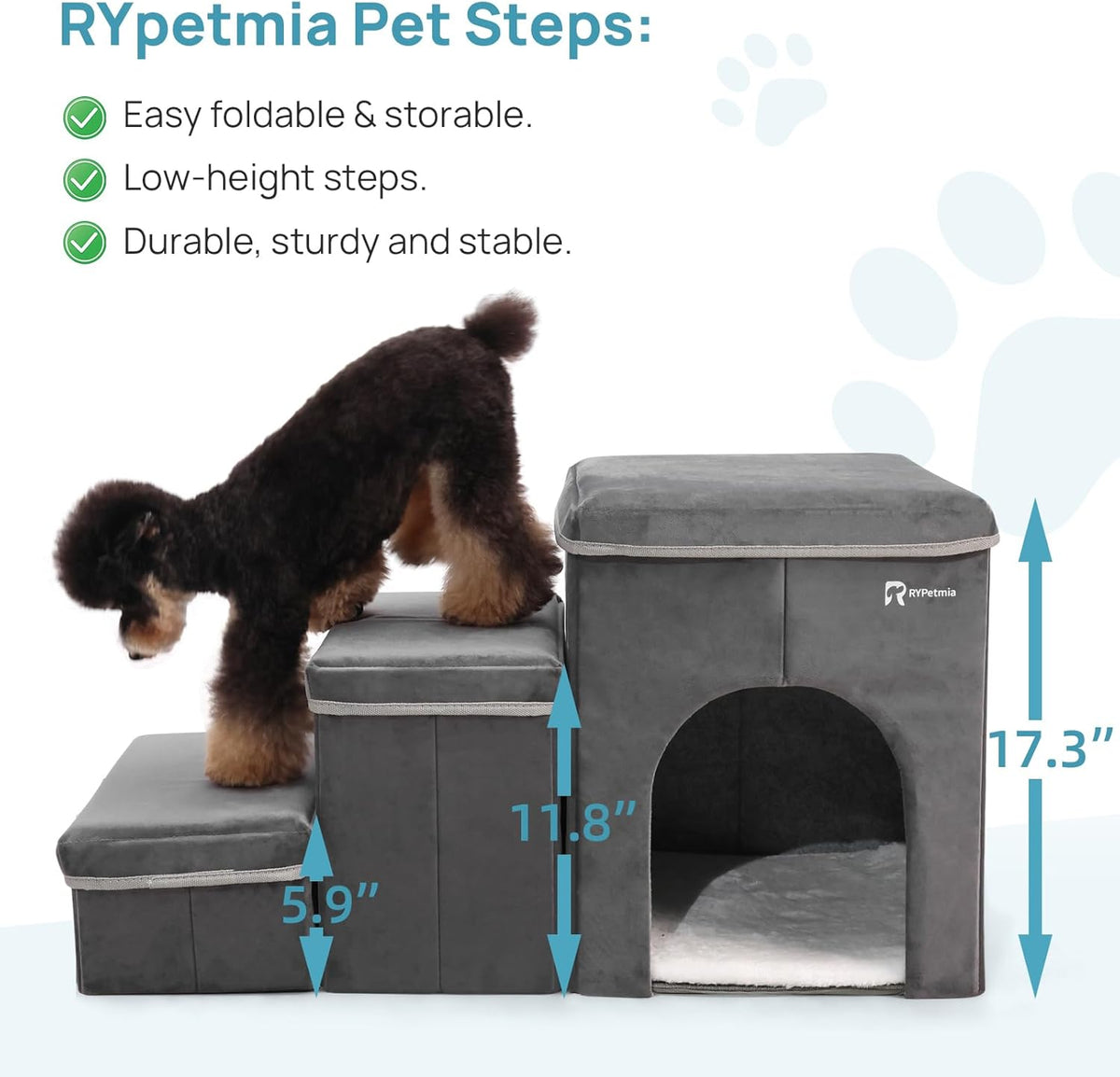 Foldable Pet Stairs for Beds & Sofas - Non-Slip Dog Steps with Storage for Small to Medium Dogs & Cats, Supports up to 120 lbs - Durable 2 & 3-Step Doggie Ladder for Easy Access