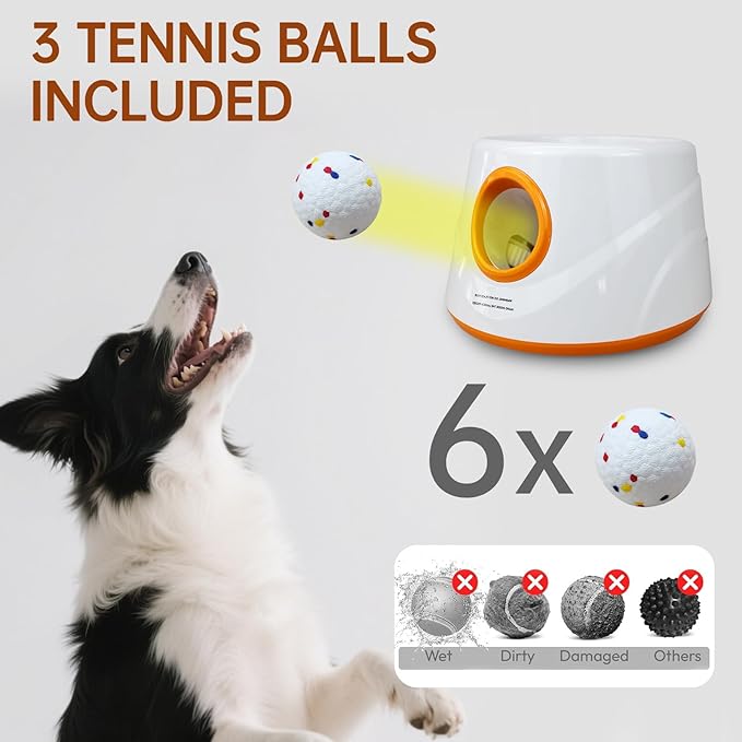 Automatic Ball Launcher for Dogs with 6pcs 2.3 Inch Etpu Tennis Balls,Thrower Distance 20-45ft,interacive Dog Toys for Indoor/Outdoor for Small Or Medium Dogs (White) (Orange)
