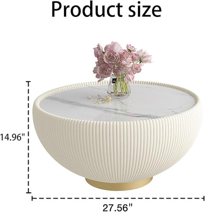 White Round Coffee Table with Sintered Stone Tabletop, 27.56" Drum Coffee Table with Fluted PU Leather Covered and Metal Base, Circle Cocktail Tea Table for Living Room