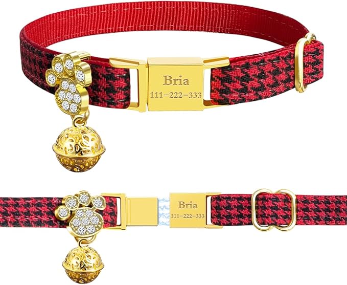 Personalized Breakaway Cat Collars - Magnetic Buckle, Bell - Safety Quick Release, Customized for Girls & Boys Cats- (Houndstooth-Red)