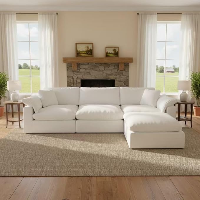 Modular Sectional Sofa Cloud Couch,Down Filled Comfy Cloud Modern Sofa,White Linen L Shape Oversized Couch Cushion Covers Removable Furniture for Living Room