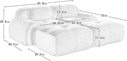 80" Modern Compressed Boneless Love Seat Couches with 2 Ottomans, 2 Seater Large Sectional Couches for Living Room, Blue Corduroy Cloud Modular Sectional Sofa, Memory Foam, Deep Loveseat, No Assembly
