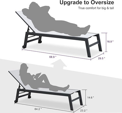 PURPLE LEAF Outdoor Chaise Lounge Set for 2 Oversized Pool Lounge Chairs with Easy-to-Move Wheels and Adjustable Backrest Extra Large Patio Loungers for Poolside Deck Beach Yard Table Included, Linen
