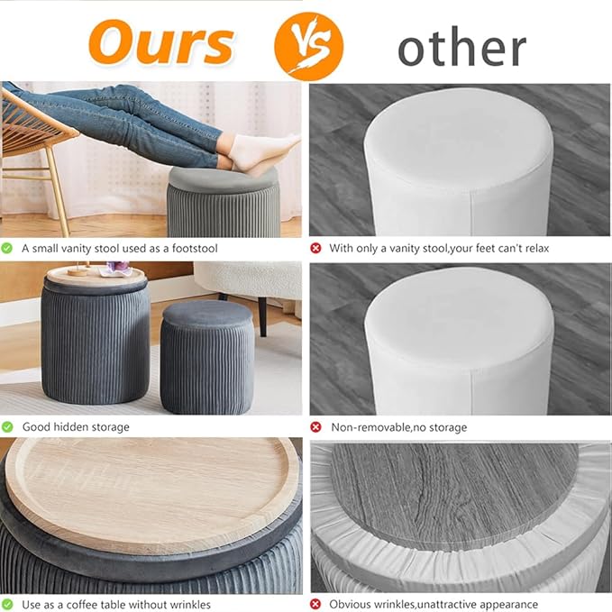Round Ottoman with Storage Set of 2-Upholstered Velvet Vanity Stool for MakeupMultifunctional Ottomans Coffee Table Padded Seat Foot Rest for Living Room&Bedroom(Light Grey-Upgrade Tray Lid)