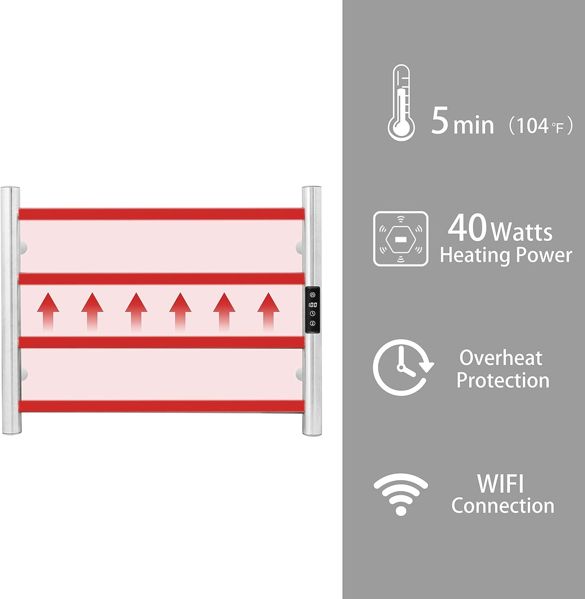 KEG Smart WiFi Towel Warmer Wall Mounted with Built-in Timer and Temperature Adjust Control, 4 Bars Electric Stainless Steel Heated Towel Racks for Bathroom Polish Chrome