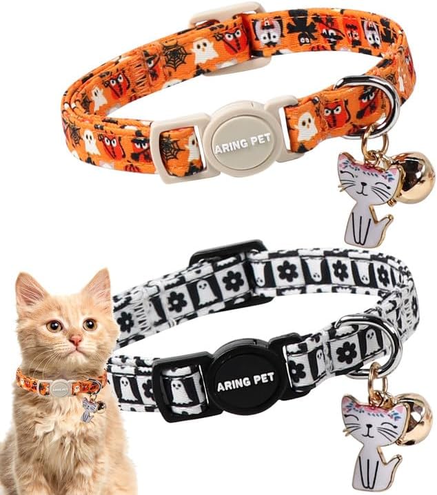 ARING PET 2 Pack Halloween Cat Collars, Breakaway Orange Black White Cotton Kitten Collar with Bells for Girl Boy Cats Ghost Spider Web