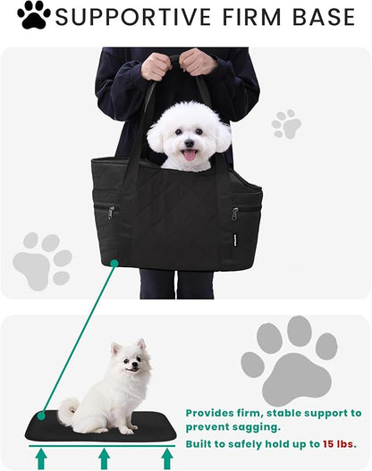 Lightweight Dog Purse Carrier for Small Dogs up to 15 lbs, Dog Tote Bag Puppy Carrier, Soft Plush Interior, Safety Leash Clip, 4 Side Pockets Dog Carrier Bag for Travel & Walking, Black