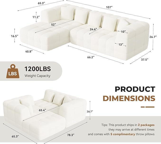 107" Boneless Couch with L - Shaped Chaise, Modern Chenille Modular Sectional Sofa with Tufted Design, Comfy Upholstered Sofa, No - Assembly Sectional Couch, Cream White