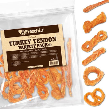 AFreschi Turkey Tendons for Dogs, USA-Sourced, Healthy Dog Treats, Rawhide-Free Puppy Chews, Long Lasting, All Natural, Hypoallergenic Dog Treats for Small Breeds, 8 oz Pack Variety (S)