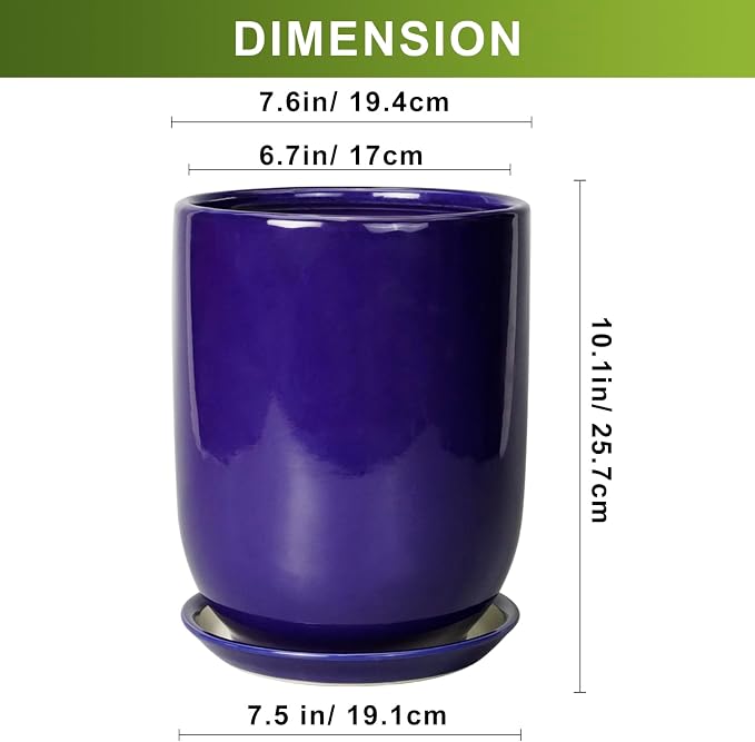 Ceramic Plant Pot - 8 Inch Planter for Indoor Plants Outdoor Flower Pot with Drainage Hole and Saucer Home Patio Office Decor Blue