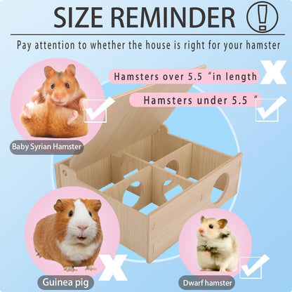 Hamster and Mouse Wooden Tunnel Cage Secret Peep Shed and Explore Hideout Flip Cover Design Hamster Play Tunnel