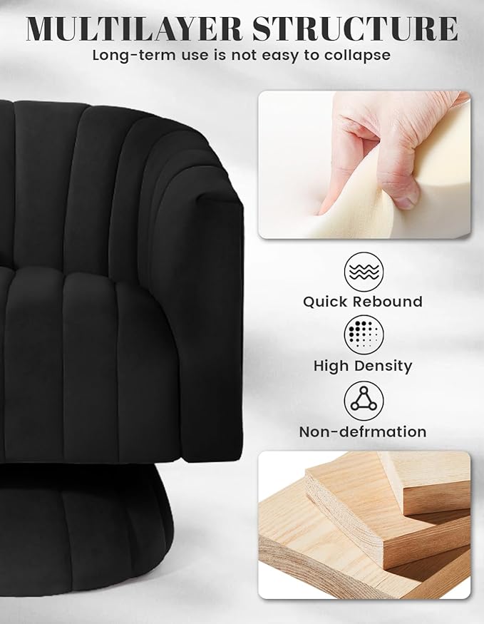 Kromax Swivel Accent Chair with Armrest, Mid Century 360 Degree Swivel Barrel Chair Overstuffed Tufted Velvet, Ideal for Living Room, Bedroom, Reading Room, Black