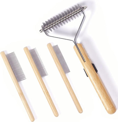 Bamboo Undercoat Rake & Deshedding Comb Set - 4 Piece Pet Grooming Kit with Detangling Brush for Matted Fur Removal, Gentle Massage and Deep Cleaning for Dogs and Cats