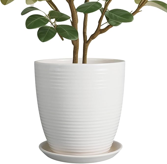 10 Inch Ceramic Planter Pot - Large Plant Pot with Drainage Hole and Saucer, Modern Round Flower Pots for Indoor Outdoor Plants, Garden Planter, White