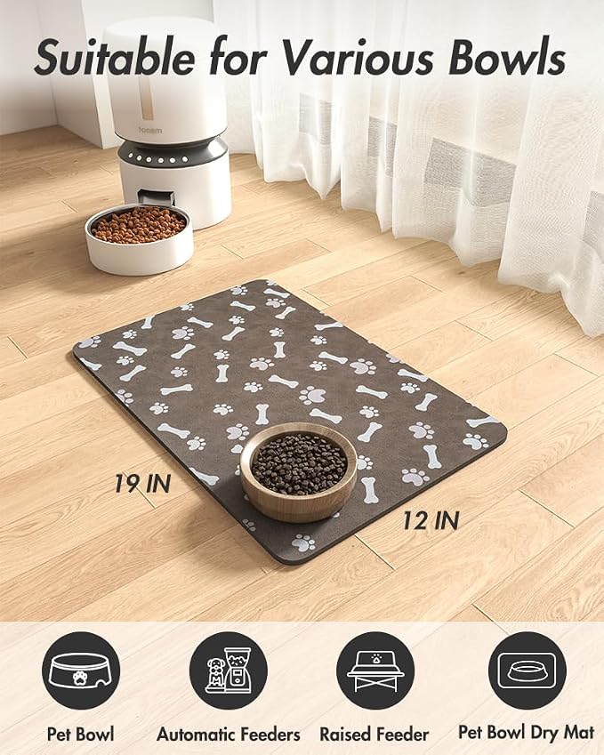 MontVoo Dog Food Mat-Pet Feeding Mat for Food and Water-No Stains Quick Dry Dispenser Cat Bowl Mat for Messy Drinkers(12"X19" Brown)