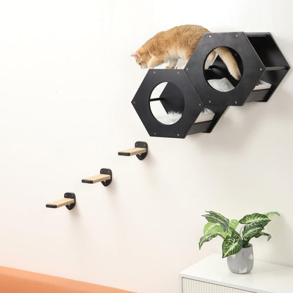 3 Pcs Cat Steps and Perches for Wall, Climbing Shelf With Hemp Rope, Wall-Mounted Furniture Set With Scratching Pads for Playing (Black)