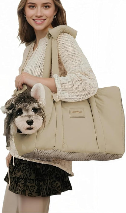 Dog Walking Bag Sling, Dog Carrier Purse with Safety Leash Clip,Warm Soft Sided Pet Carrier Purse for Small Medium Dogs Cats Portable Hands-Free Shoulder Tote for Outdoor Travel (Light Khaki)