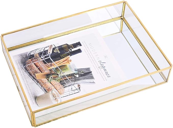 Sooyee Rectangle Mirror Decorative Tray, Gold can Hold Perfume, Jewelry, Cosmetics, Makeup, Magazine and More, for Vanity,Dresser,Bathroom,Bedroom(12”x8”)