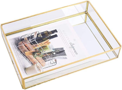 Sooyee Rectangle Mirror Decorative Tray, Gold can Hold Perfume, Jewelry, Cosmetics, Makeup, Magazine and More, for Vanity,Dresser,Bathroom,Bedroom(12”x8”)
