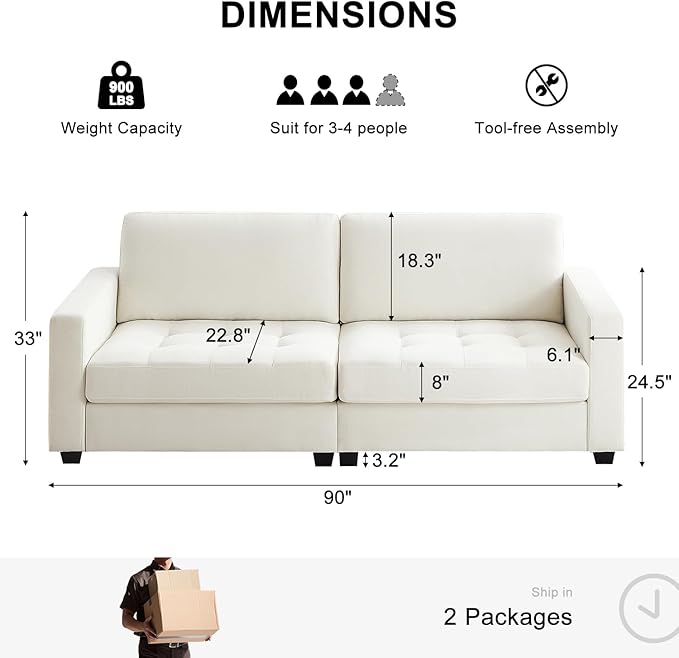 90" Modern Sofa Couches for Living Room, 3 Seater Sofa Tool-Free Setup, Comfy Chenille Couches with Extra Large Seat Width & Depth, Removable Cover, Oversized Loveseat for Small Space, Apartment