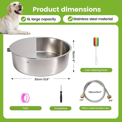 Automatic Dog Water Bowl Dispenser Large Breed Outdoor Pet Water Fountain with Float Valve 6.5L Heavy-Duty Stainless Steel Auto Waterer for Large Dogs Cats Puppy Chicken (1 Drinking Port)