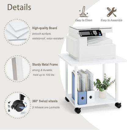 MARTY 22"x15.75" Large Under Desk Printer Stand with Storage Shelf 2-Tier Rolling Printer Cart with Wheels Printer Table for Home Office Heavy Duty Storage Rack for Scanner Fax Machine, White