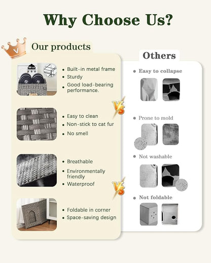 Cat Beds for Indoor Cats Extra Large Double Cat Cave Pet Cube, Handwoven Rattan Cat Houses with Double-Sided Soft Cushions, 18.5 x 20.5 x 19.1 Inches Foldable Hideaway in Living Room Gray