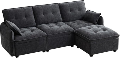 PALLOME 96" Modular L-Shaped Sofa - 3-Seat Cloud Couch with Movable Ottoman, Extra Deep Seat Sofa Couch with Throw Pillows for Living Room & Small Spaces (Grey, 3-Seat + Ottoman)